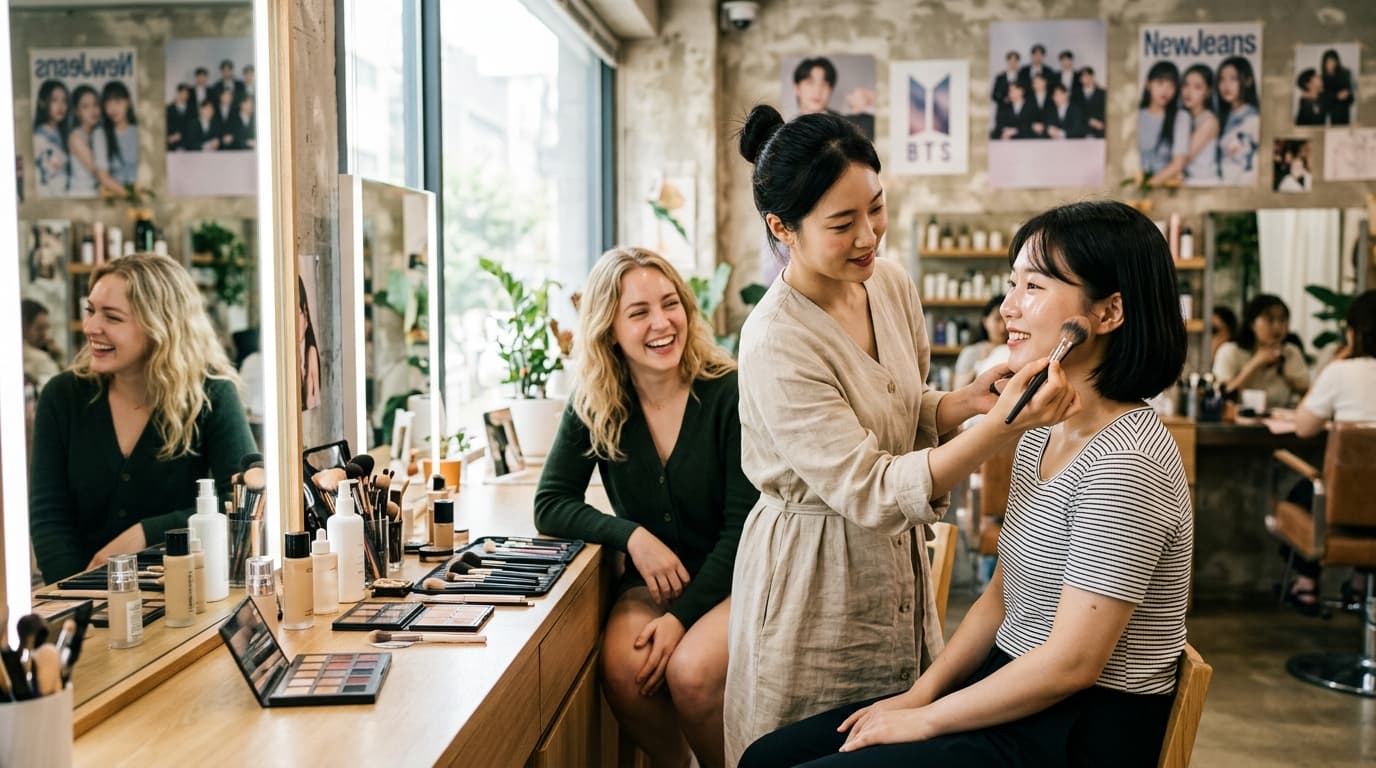 서울 뷰티 살롱에서 한국인과 외국인이 메이크업 레슨을 받는 모습