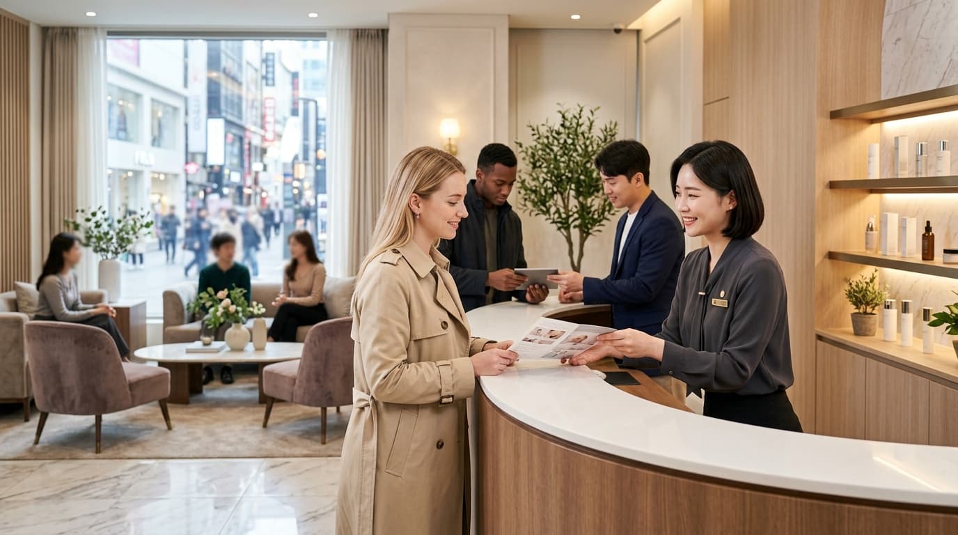 명동 피부과 리셉션에서 외국인과 통역사가 상담하는 모습