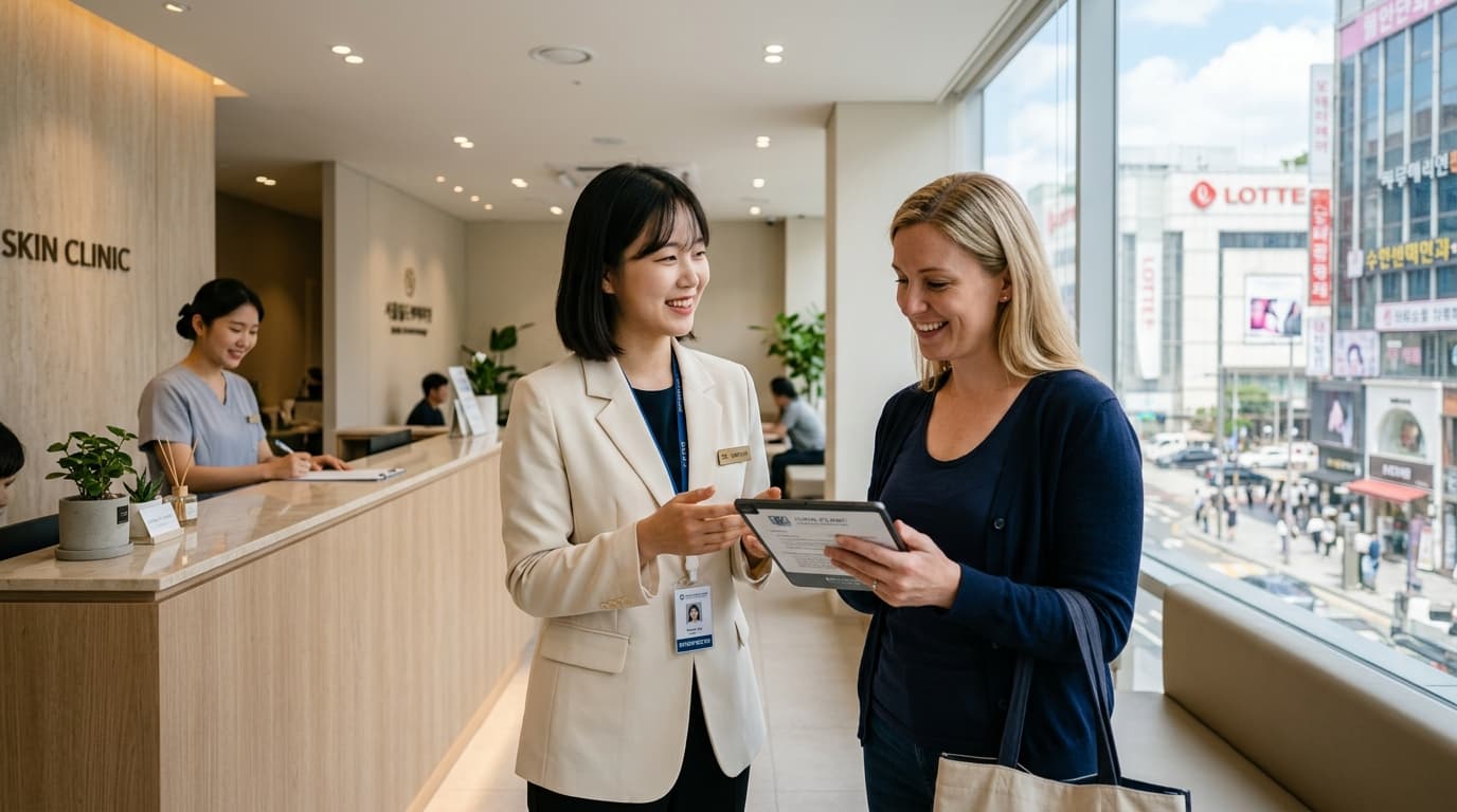 명동 피부과에서 외국인과 통역사가 함께 상담 중인 모습
