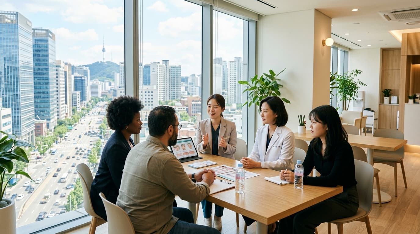 서울 피부과에서 통역사와 함께 상담 중인 다양한 국적의 외국인들