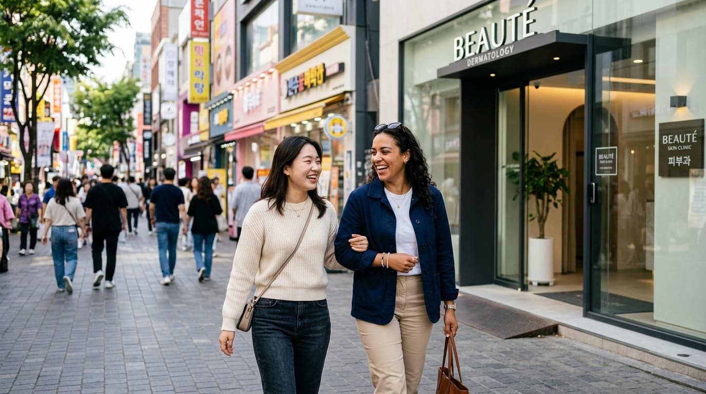명동 거리에서 외국인 친구 둘이 피부과 입구 앞에 서 있는 모습