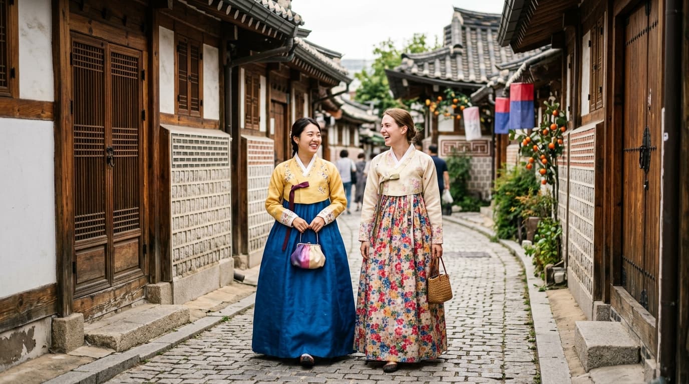 북촌한옥마을 골목에서 한복 입은 외국인 친구 둘이 산책하는 모습