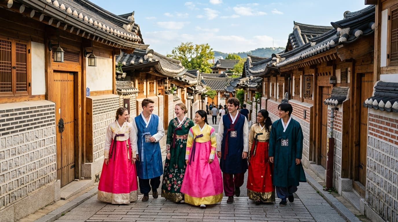 북촌 한옥마을 골목을 한복 입고 걷는 외국인 친구들 모습