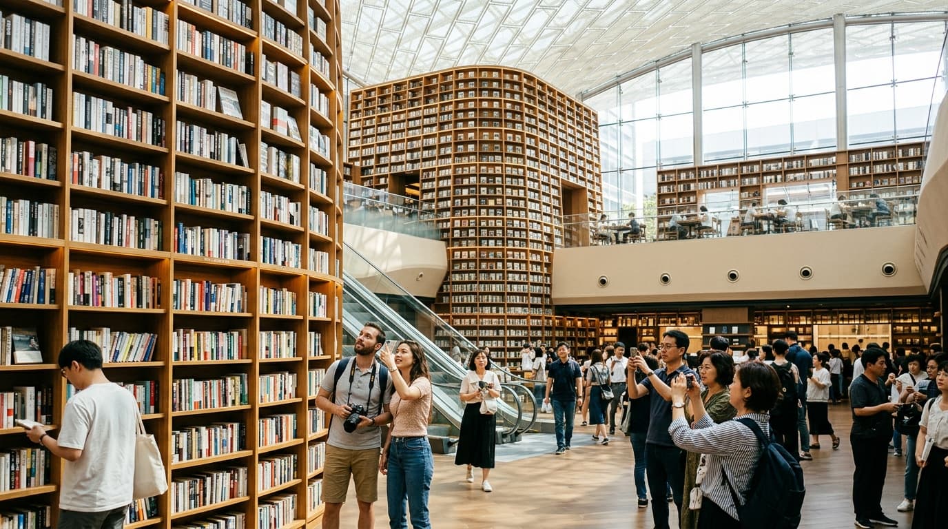 코엑스 별 마당 도서관 내부, 초대형 책장과 방문객 모습