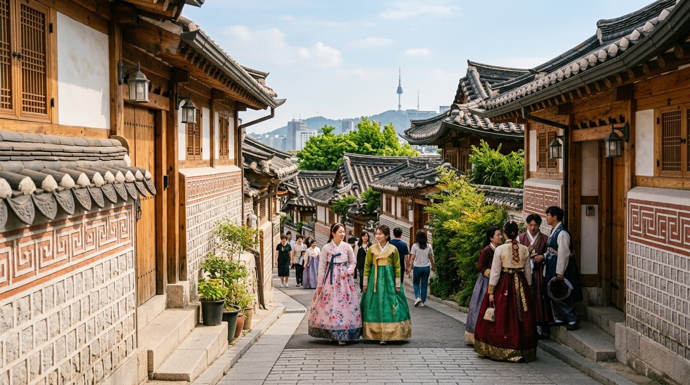 서울 북촌한옥마을 골목과 한옥 풍경, 관광객들이 걷는 모습