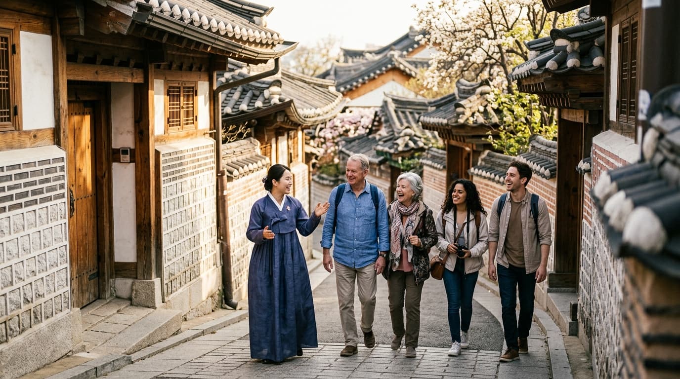 북촌 한옥 마을 골목을 걷는 외국인 관광객과 현지 가이드 모습
