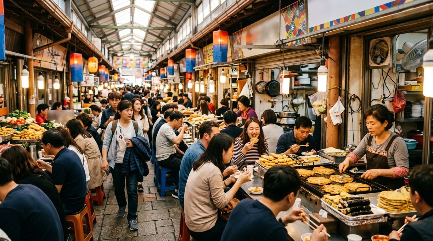 서울 광장시장 내부에서 현지인과 외국인이 분주하게 길거리 음식을 즐기는 모습