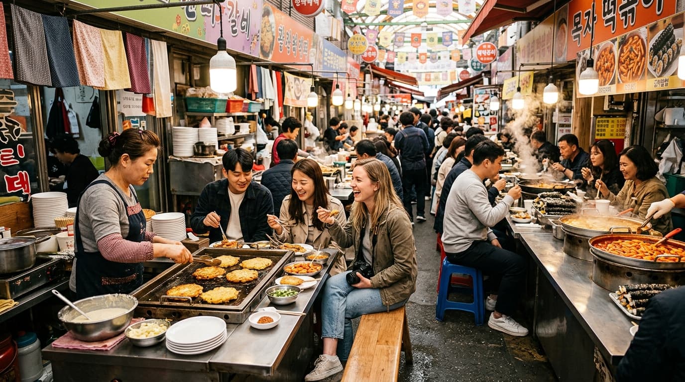 서울 광장시장 먹자골목에서 다양한 사람들이 길거리 음식을 즐기는 모습