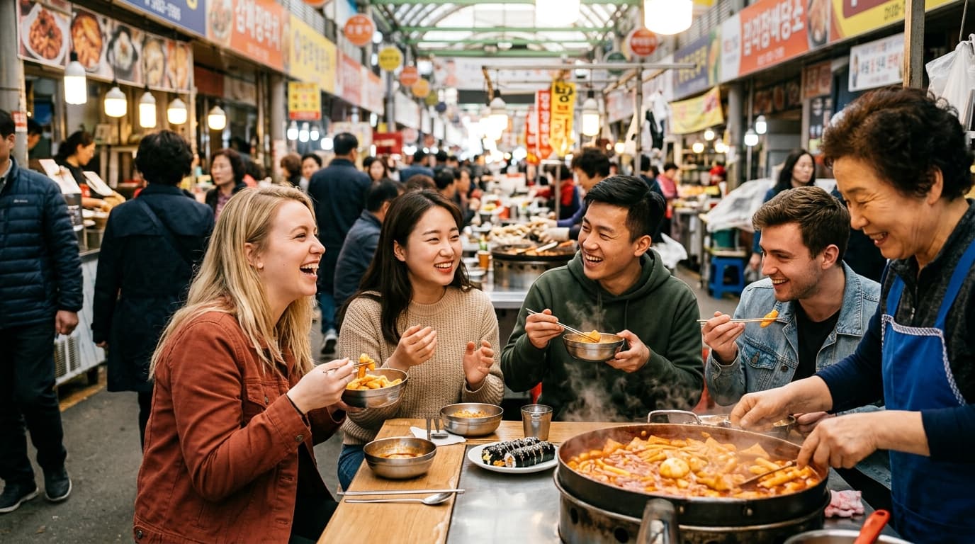 광장시장 분식집에서 떡볶이를 즐기는 외국인과 현지인의 모습