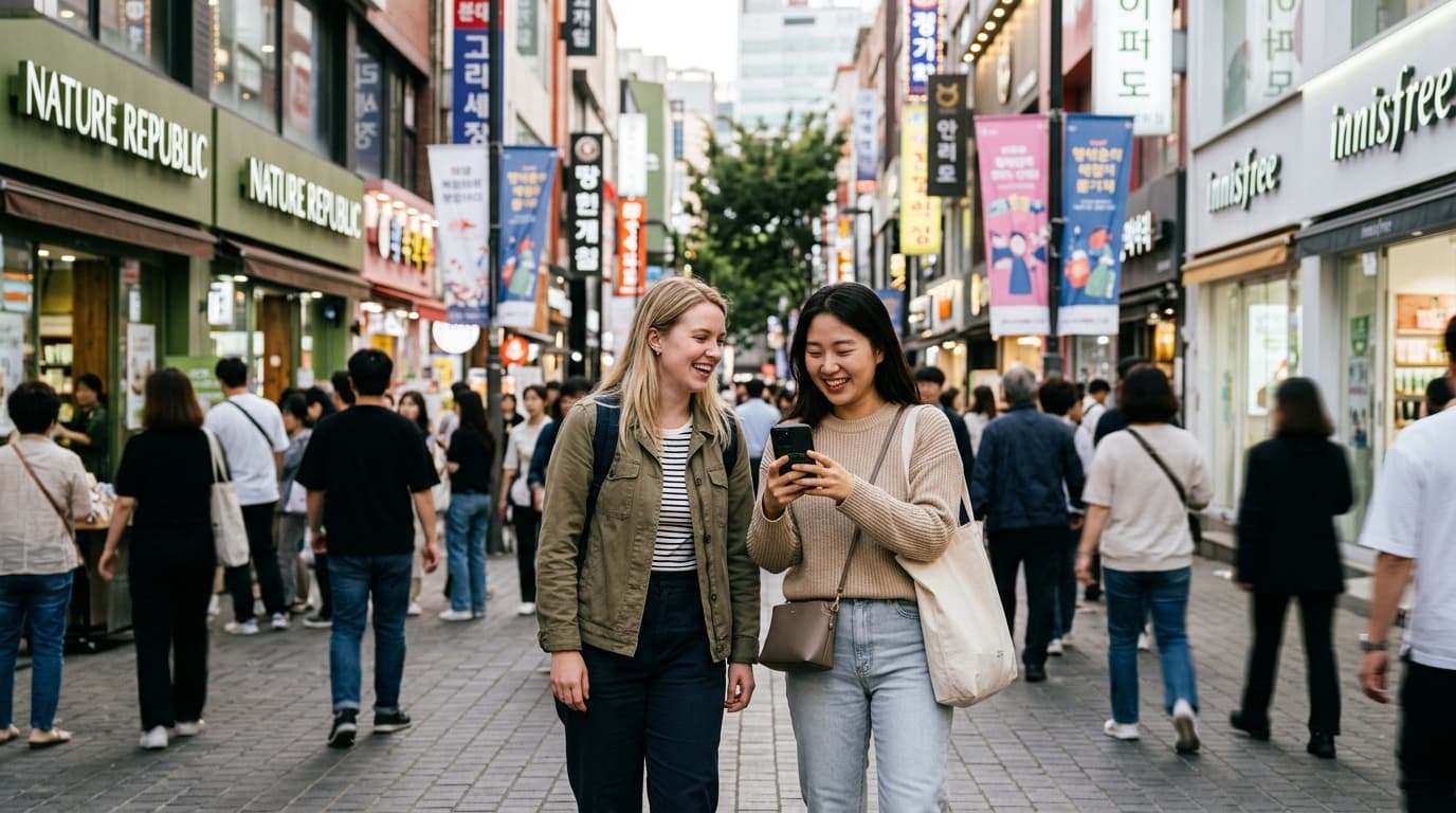 명동 거리에서 스마트폰 지도를 보며 여행하는 한국인과 외국인 친구