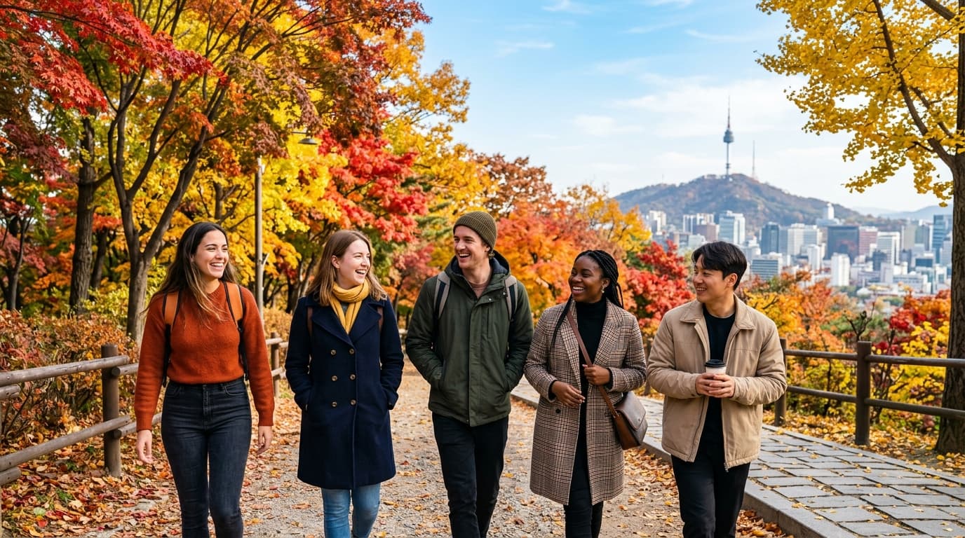 서울 남산공원에서 단풍을 감상하는 다양한 국적의 친구들 모습