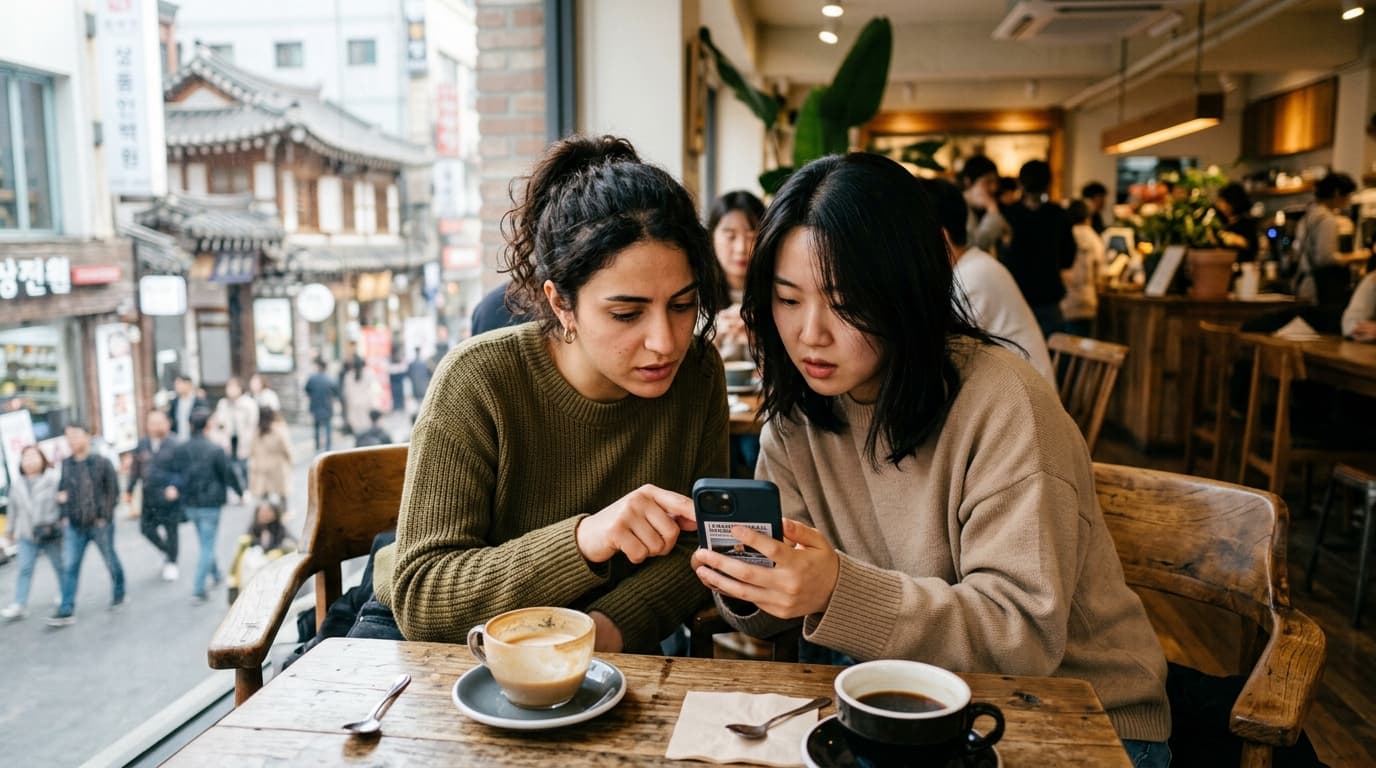서울 명동 카페에서 중동과 동아시아 친구가 뉴스기사 보며 이야기하는 모습