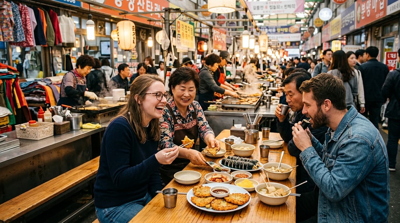 광장시장에서 외국인과 한국인이 함께 길거리 음식을 즐기는 모습