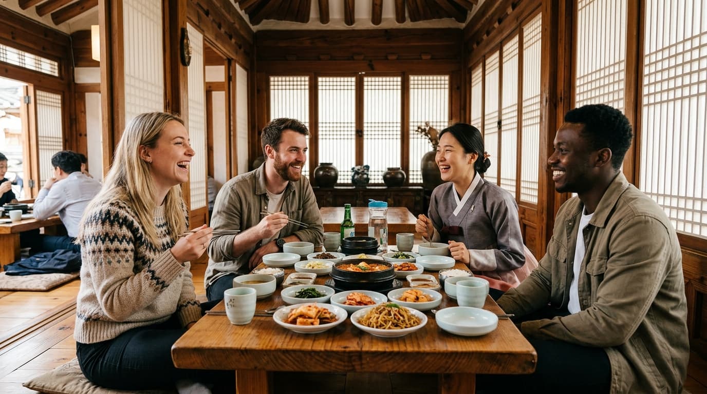 북촌한옥마을 한옥 맛집에서 외국인과 한국인이 함께 식사하는 모습