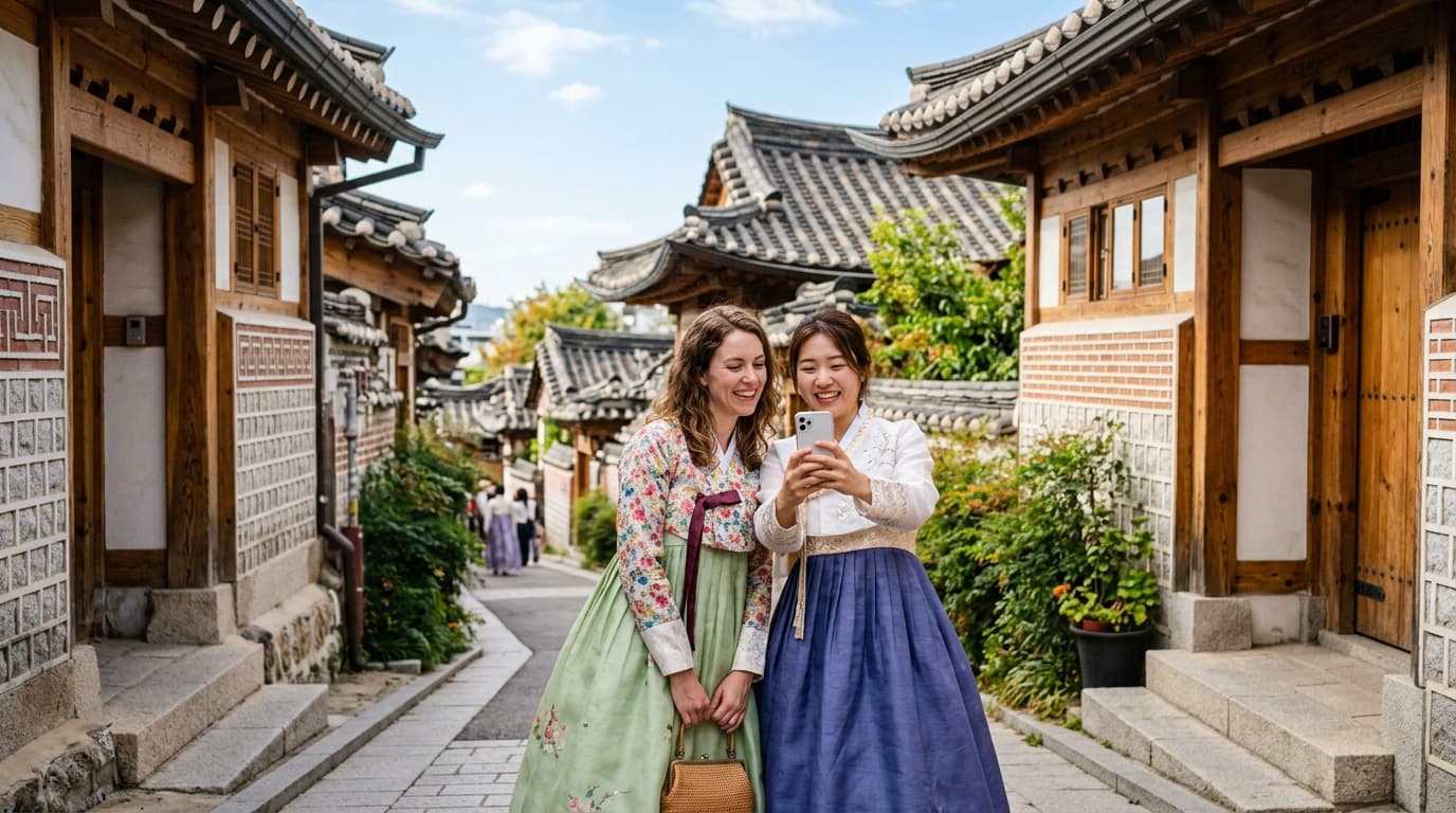 북촌한옥마을 골목을 걷는 한복 입은 외국인 친구들 모습