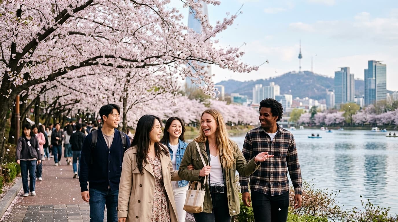 서울 근교 호수공원에서 벚꽃 아래 산책하는 다양한 국적의 친구들
