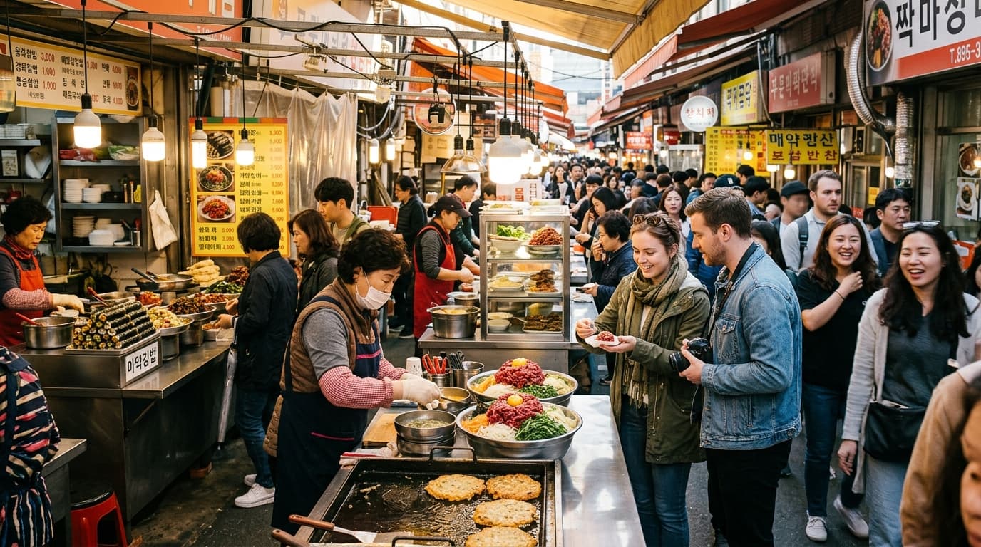 서울 광장시장에서 다양한 사람들이 분주하게 맛집 투어를 즐기는 장면