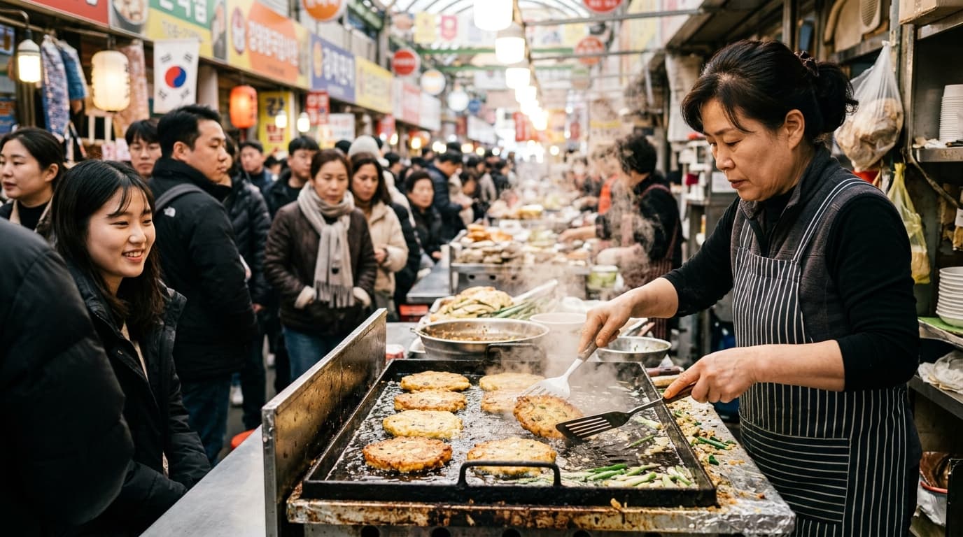 서울 광장시장 빈대떡을 즉석에서 부치는 포장마차 풍경