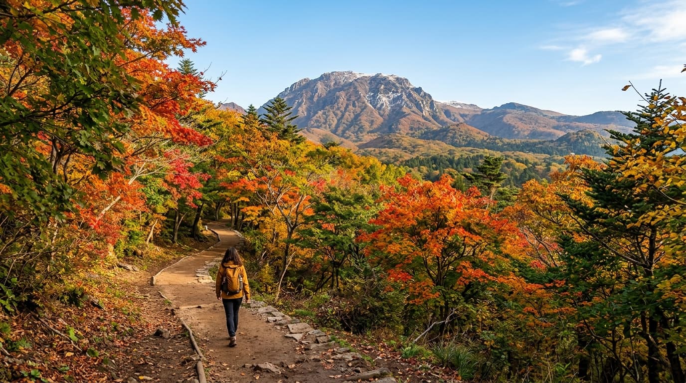 제주 한라산을 배경으로 형형색색 단풍이 물든 산책로