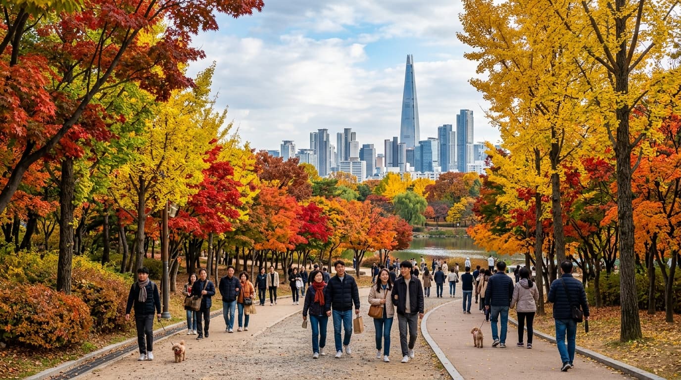 서울숲 단풍길을 걷는 사람들과 가을 풍경, 서울 도심 배경