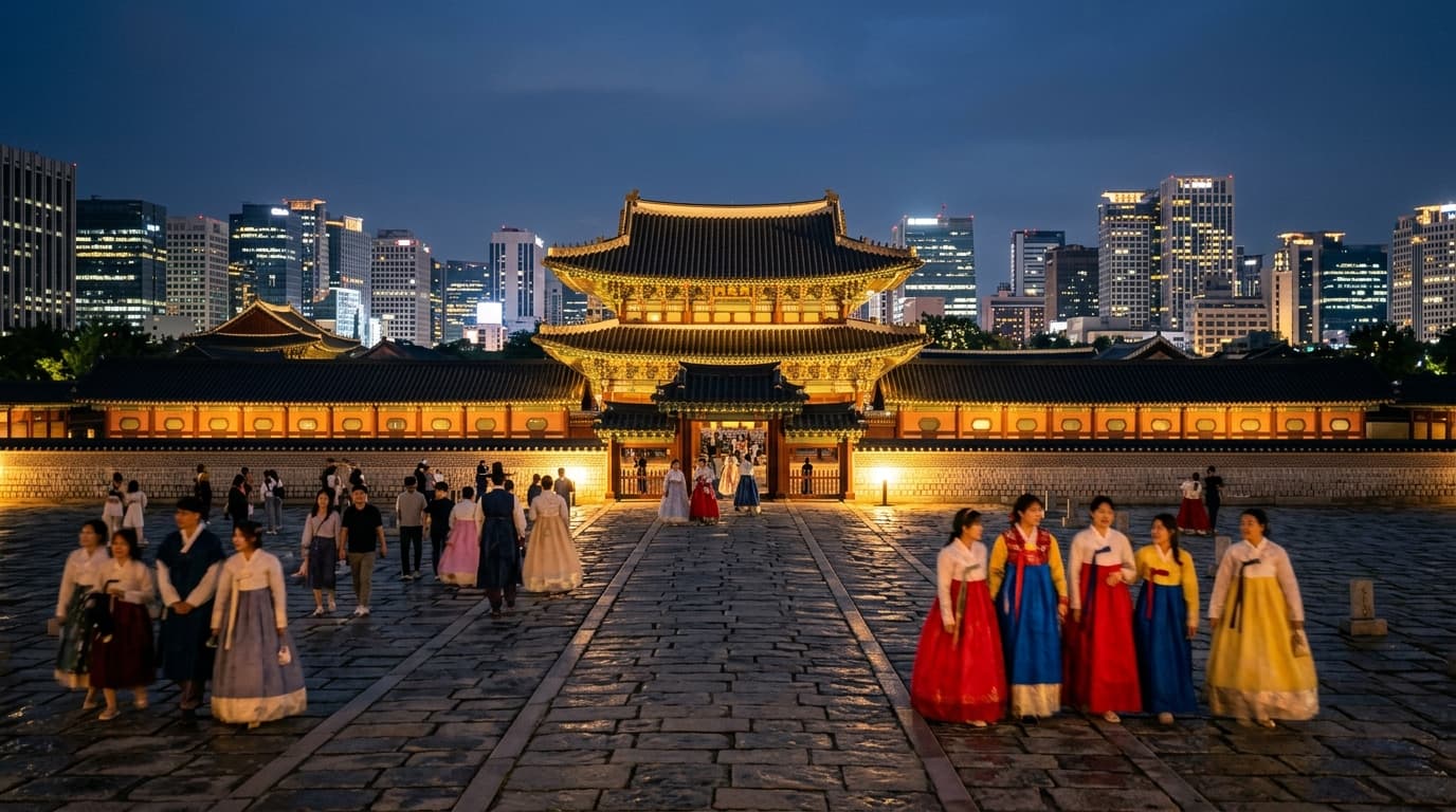 경복궁 야간, 조명 아래 한복 입은 방문객들이 산책하는 모습
