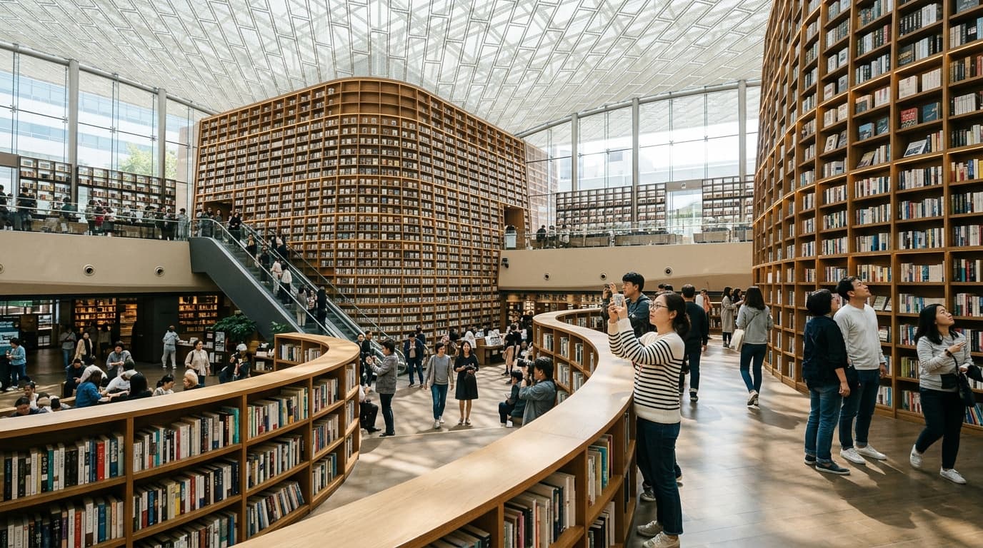 서울 코엑스 별 마당 도서관의 높은 책장과 사진 찍는 방문객 모습