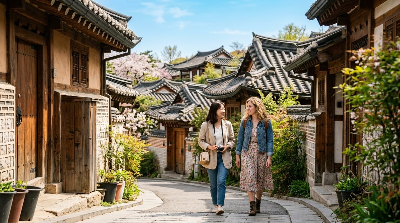 봄날 북촌한옥마을 골목을 걷는 한국인과 외국인 친구의 모습