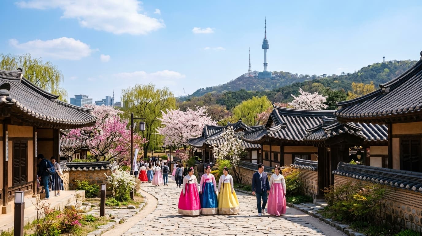 서울 남산골 한옥마을에서 한복을 입은 방문객들과 전통 한옥, 뒤로 남산타워가 보이는 풍경
