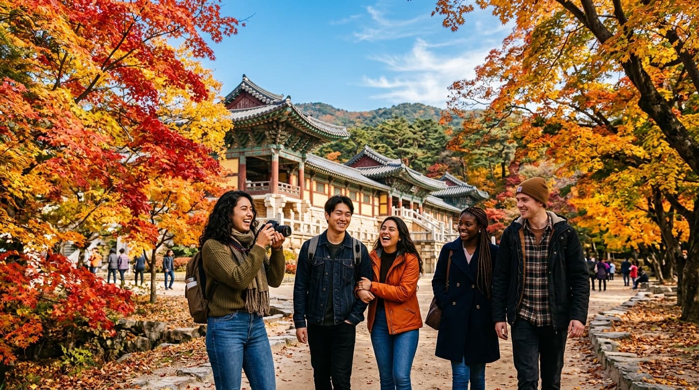 경기도의 단풍 명소에서 외국인 친구들이 함께 가을 풍경을 즐기는 모습
