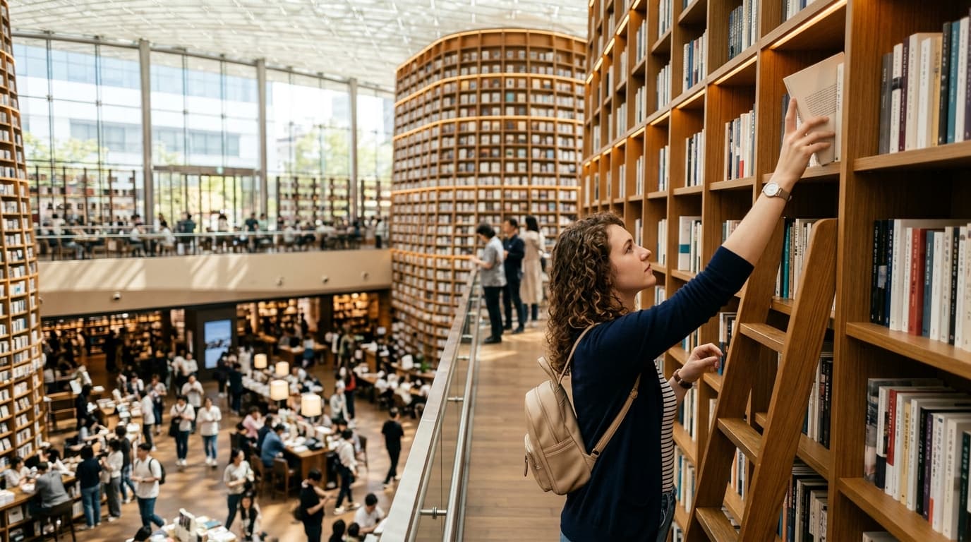 코엑스 별마당도서관에서 외국인 방문객이 책을 꺼내는 모습