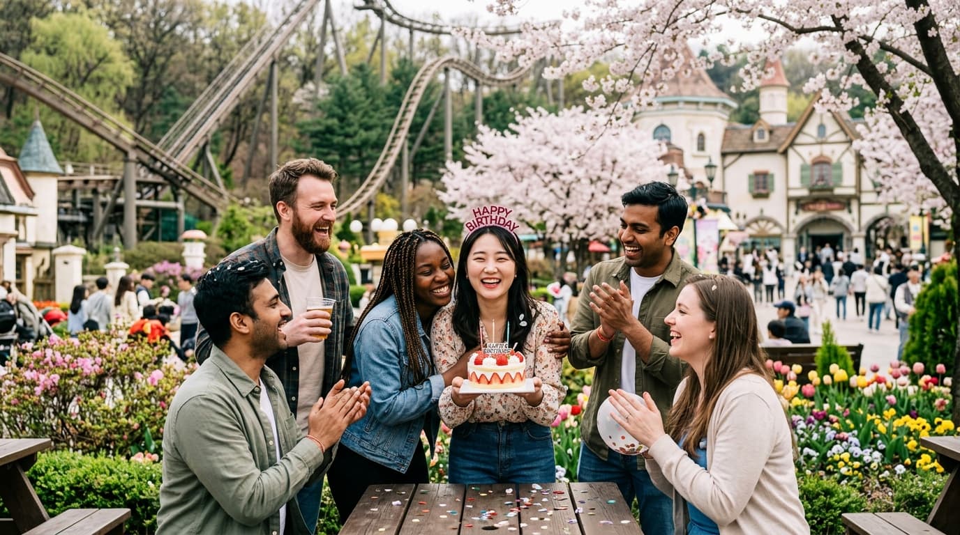 에버랜드에서 생일을 기념하는 다양한 국적의 친구들 모습