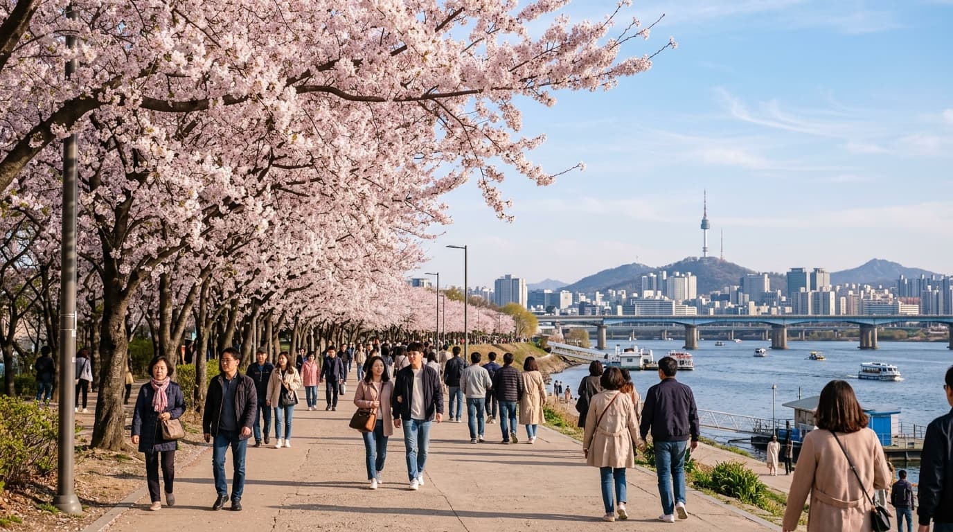 서울 한강변 벚꽃길에서 만개한 벚꽃 아래 산책하는 사람들