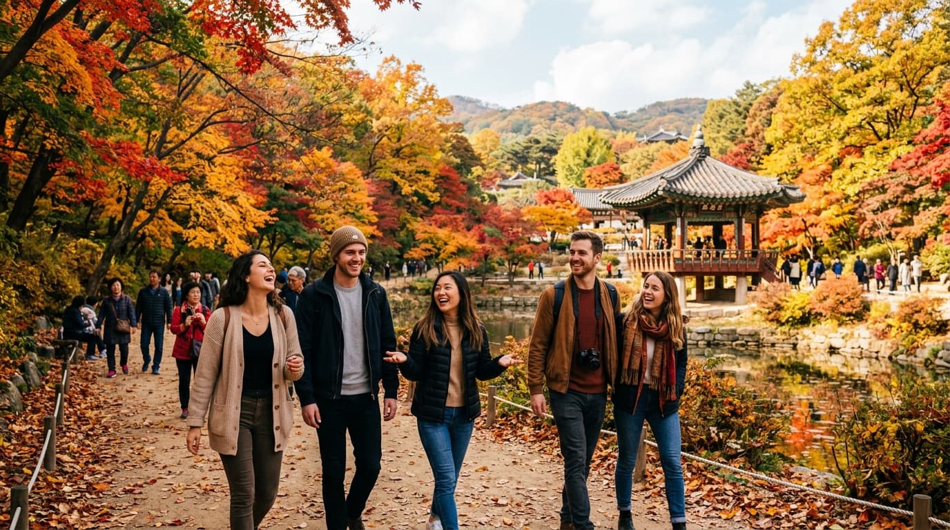 서울 근교 단풍 명소에서 외국인 친구들이 가을 풍경을 즐기는 모습