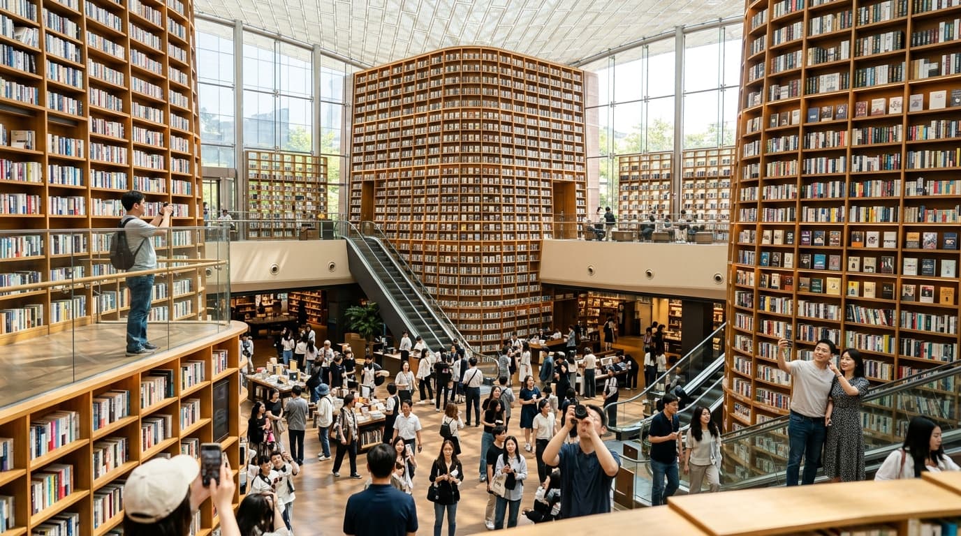 서울 코엑스몰 별마당도서관의 대형 책탑 앞에서 사람들이 사진을 찍는 장면