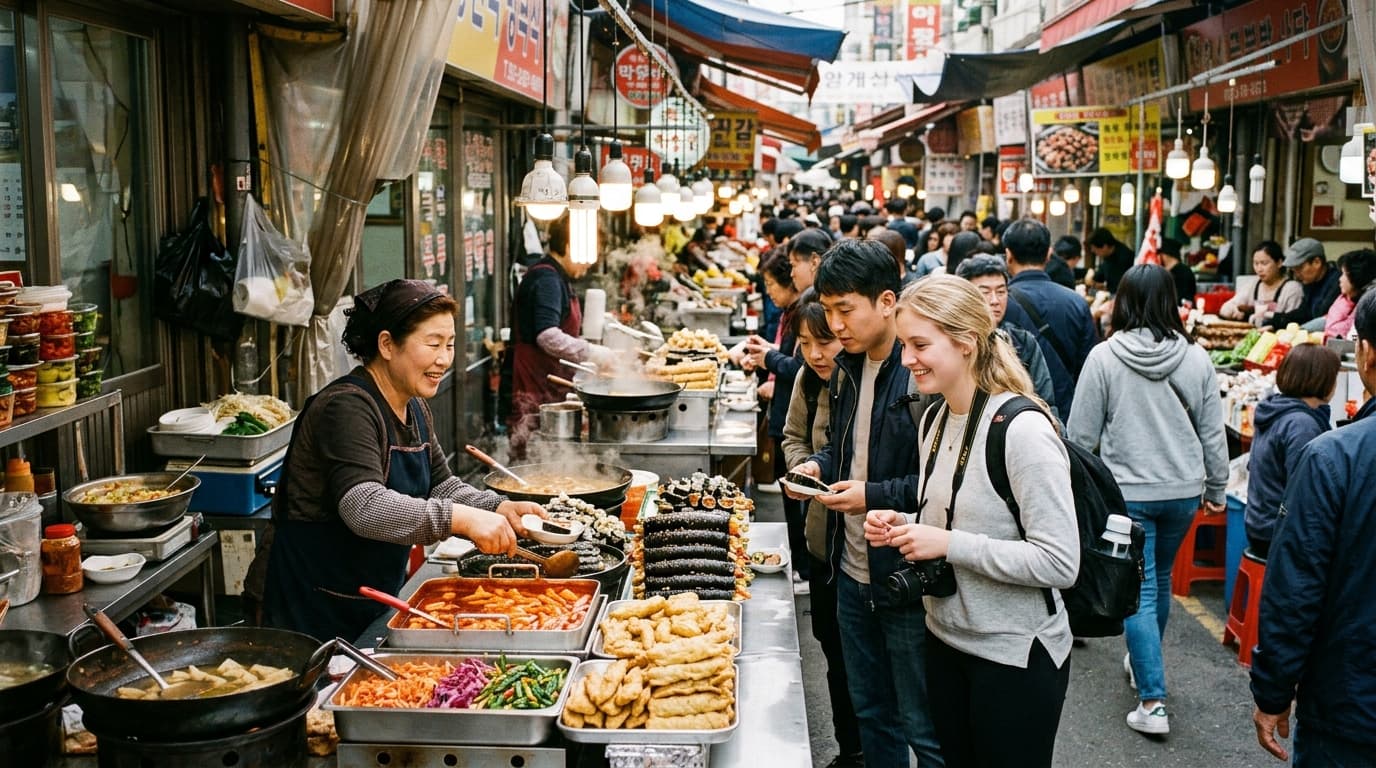서울 광장시장 골목에서 다양한 길거리 음식과 외국인 방문객이 어울리는 모습