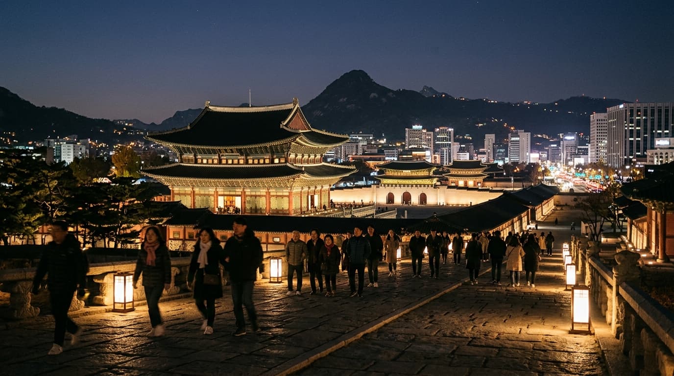 경복궁 야간, 조명 아래 산책하는 방문객들
