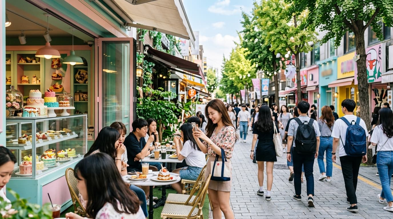 서울 가로수길에서 사람들이 디저트 카페 앞에서 사진을 찍는 모습