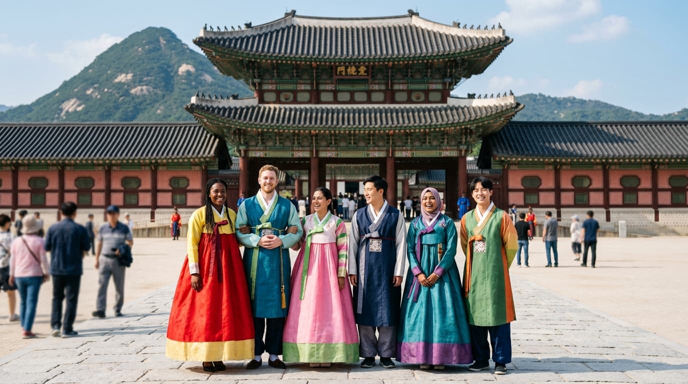 경복궁 앞에서 한복 차림의 다양한 외국인 관광객들이 포즈를 취하는 모습