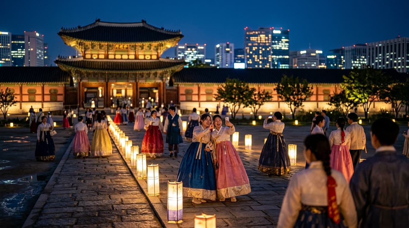 경복궁 야간개장에 한복을 입은 방문객들이 조명 아래에서 사진을 찍는 서울 밤 풍경