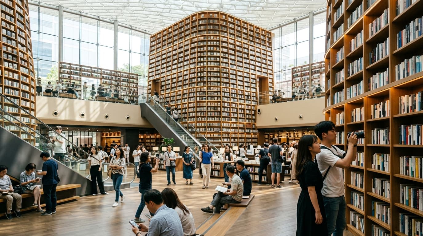 코엑스 별마당도서관 내부 전경, 다양한 국적의 방문객들이 책을 읽고 사진을 찍는 모습