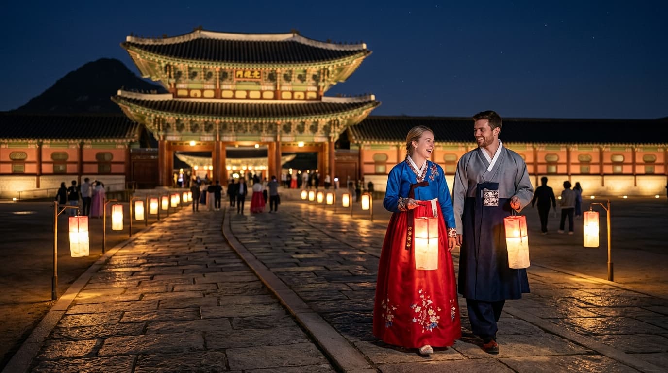 야간에 한복을 입고 경복궁을 산책하는 외국인 관광객 모습