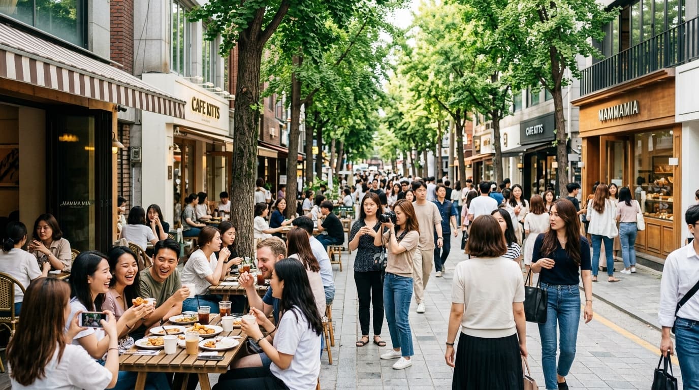 가로수길 거리에서 다양한 국적의 사람들이 맛집과 카페를 즐기는 모습