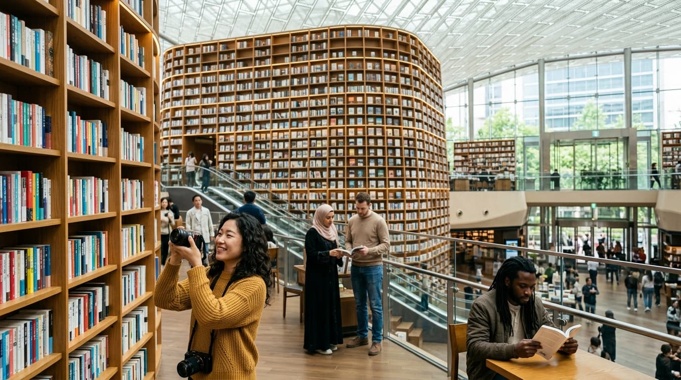 코엑스몰 별마당 도서관의 대형 책장과 방문객들의 생생한 모습