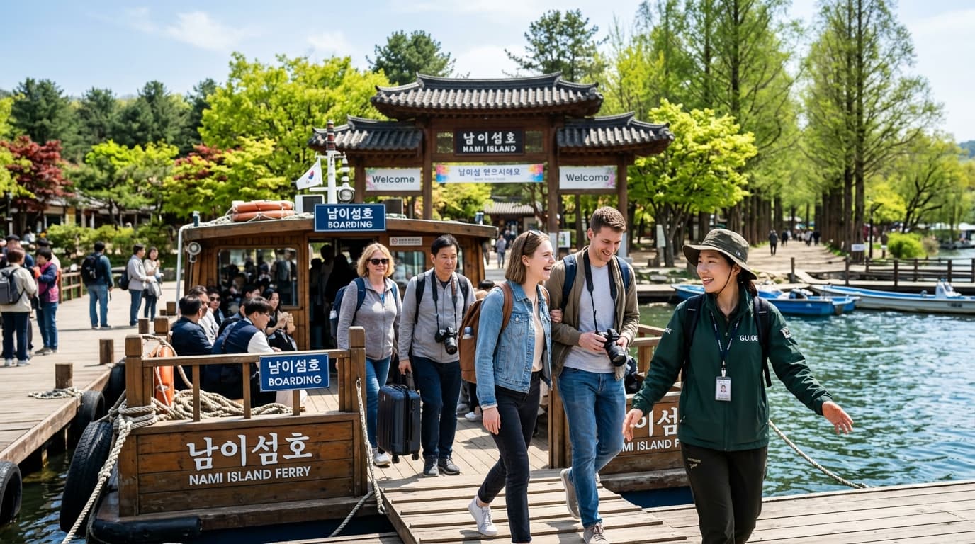 남이섬 선착장에서 외국인 여행객과 한국 가이드가 배를 타는 모습, 봄 풍경