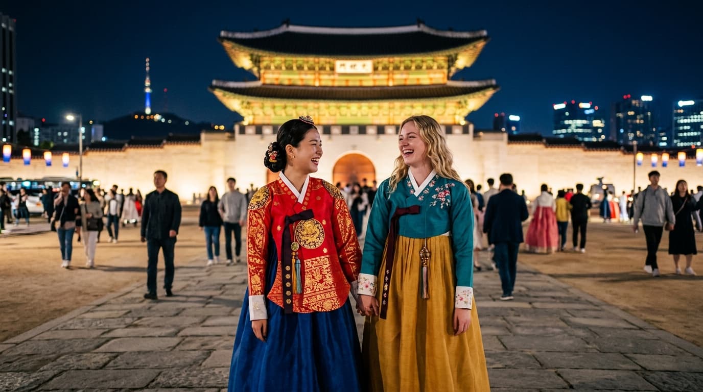 야간에 한복을 입고 경복궁 광화문 앞에서 포즈를 취하는 한국인과 외국인 친구 모습
