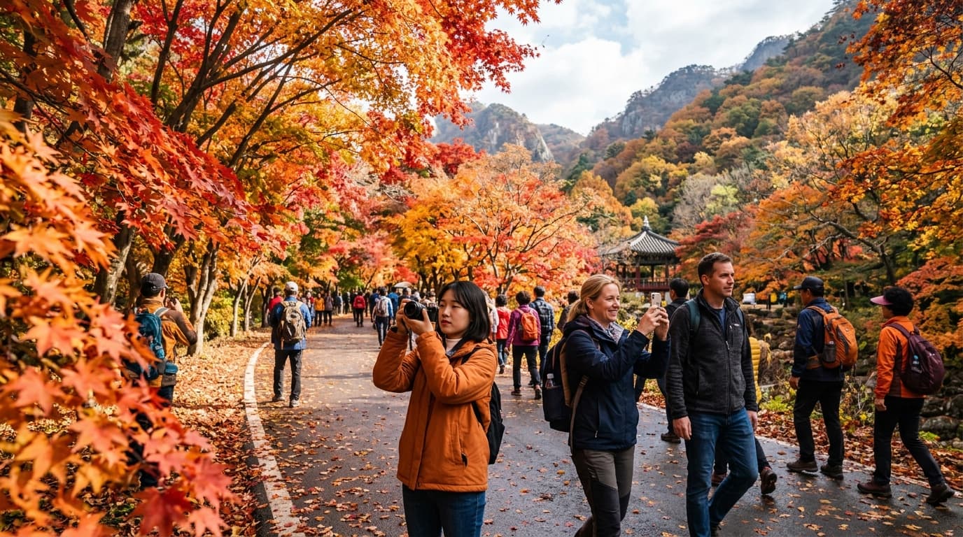 내장산 단풍길을 걷는 관광객들(외국인 포함)과 붉고 노란 가을 단풍