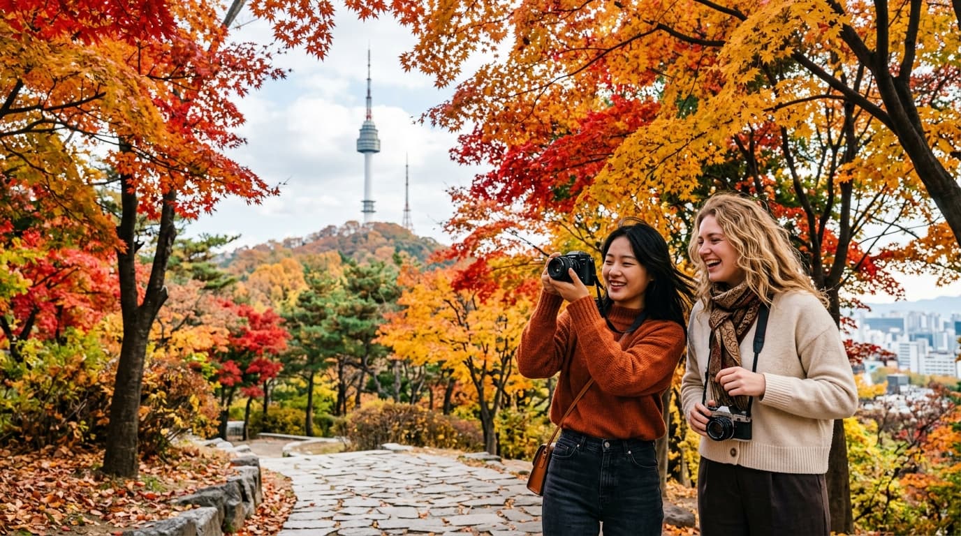 남산공원 단풍길에서 외국인 친구가 함께 사진을 찍는 모습