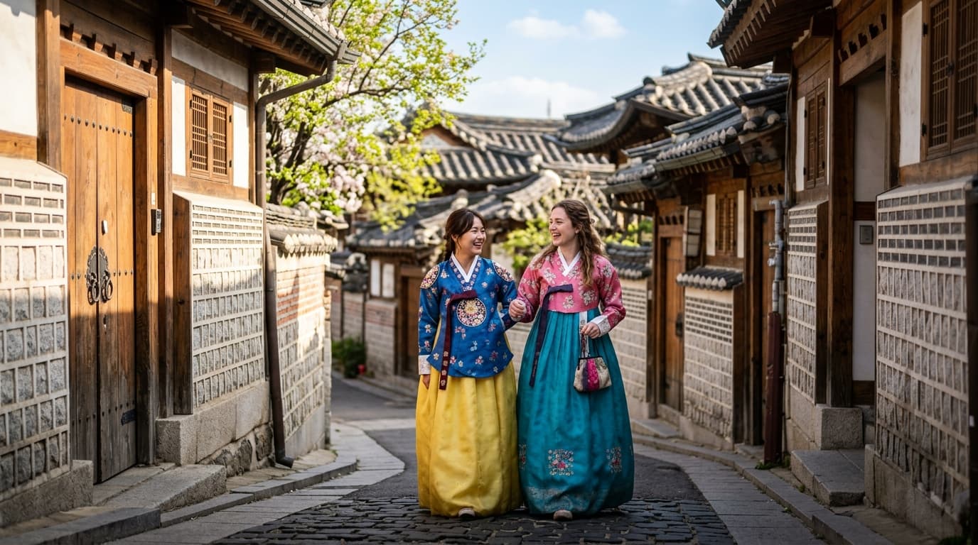 북촌 한옥 마을 골목에서 한복 입은 친구들이 산책하는 모습