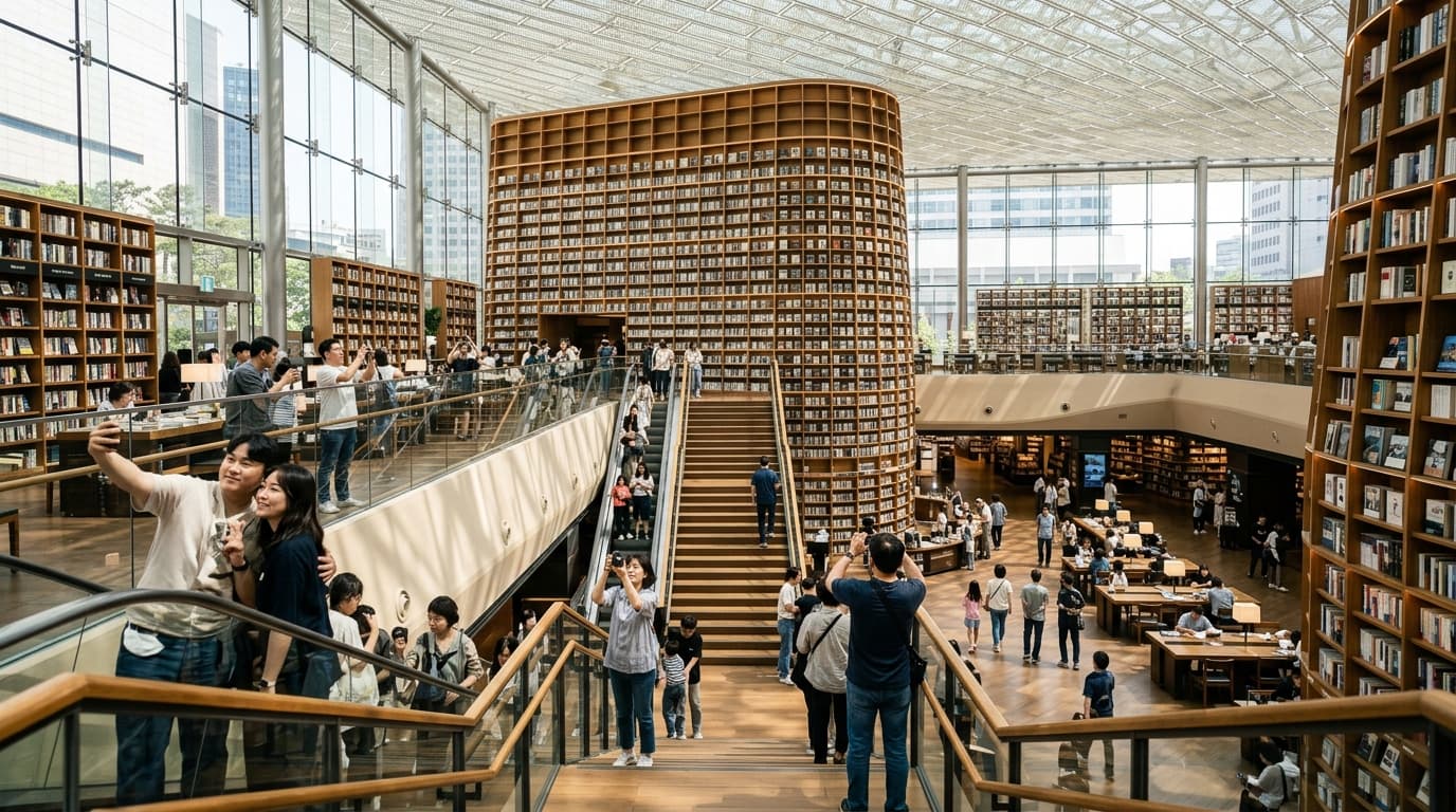서울 코엑스 별 마당 도서관의 거대한 책장과 포토존을 방문 중인 사람들