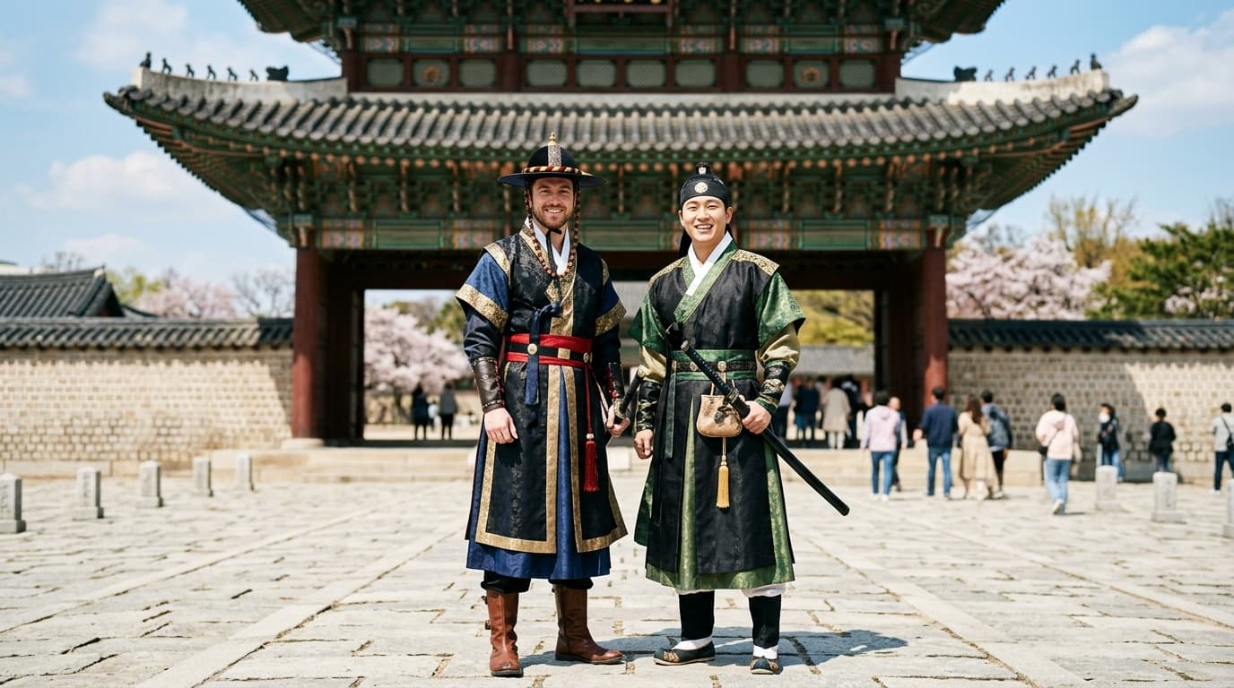 경복궁 앞에서 무사 한복을 입은 외국인과 한국인 친구가 함께 서 있는 모습
